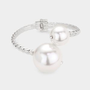 Silver White Pearl Twisted Metal Cuff Hinge Bracelet Fashion Statement Accessory